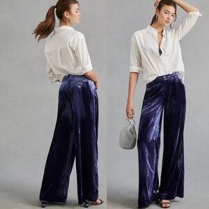 Anthropologie Wide-Leg Velvet Trousers in Blue Sz 8